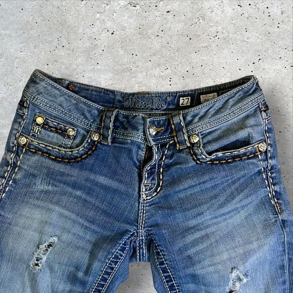 Miss Me Size 27 Skinny Jeans White Stitch Distressed Embellished Bling Y2K - Picture 2 of 11